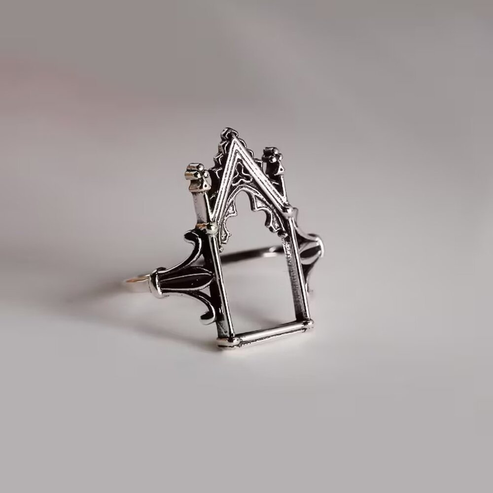 Silver Toned Castle Fairy Door Ornate Baroque Adjustable Ring